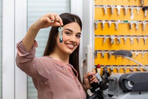 A woman stands in a locksmith shop, holding up a set of keys and smiling, with a wall of various keys and key cutting equipment visible in the background.