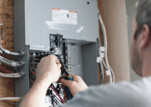 A person uses pliers to work on electrical wiring inside a circuit breaker panel mounted on a wall.